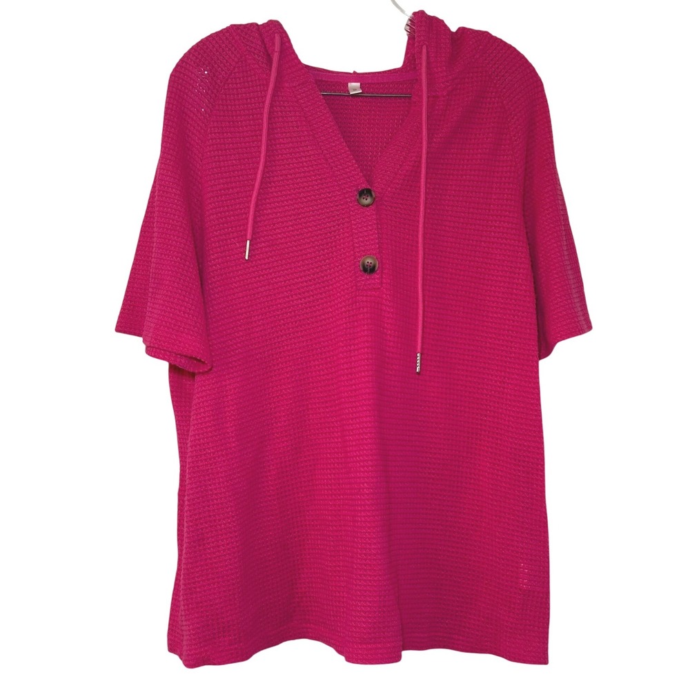 Dokotoo Womens Hot Pink Waffle Knit Short Sleeve Henley Hoodie Top XL